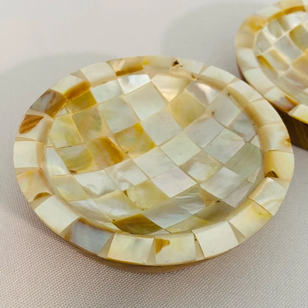 Mother of Pearl Inlay Wooden Caviar Dish Butter Pat Trinket Dishes Shell BOHO